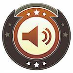 Volume or mute media player icon on round red and brown imperial vector button with star accents suitable for use on website, in print and promotional materials, and for advertising.