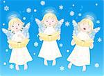 Three cute cartoon angels singing Christmas carols. Background is separate layer