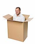 Man in a cardboard box.