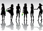 Vector drawing of dancing girl. Silhouette of the crowd on a white background