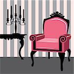 Interior scene with old armchair and candle, full scalable vector graphic