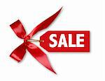 Sales Tag With Big Red Ribbon Bow Tied on White WIth Shadow