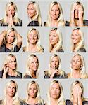 Sixteen facial expressions of a woman