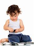 Child with mobile phones, isolated on a white background.