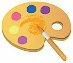 Wooden art palette with blobs of paint and a brush on white background with clipping path