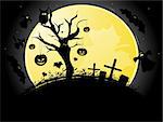 Halloween illustration background with moon, tree, bats, witch and pumpkin