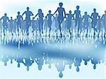 Editable vector illustration of a large group of people running with reflections
