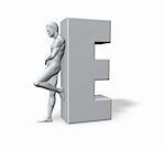 man leans on uppercase letter E - 3d illustration