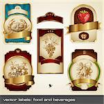 set of five detailed golden-framed vector labels with food-related illustrations