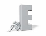 sitting man leans on uppercase letter E - 3d illustration