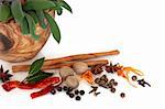 Spice selection and bay herb leaves with fresh sage in an olive wood mortar with pestle, over white background.