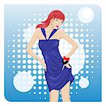 Vector image of a fashionable girl in a blue dress and sparkling background