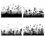 Vector grass silhouettes background with reflection in water. All objects are separated.