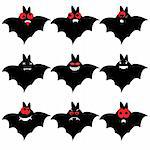 Set of nine cartoon bats. Vector illustration.