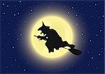 A witch flying on its broomstick. Vector illustration.