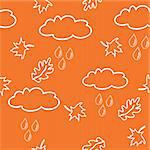 Seamless pattern with clouds and leaves on orange background. Vector illustration.