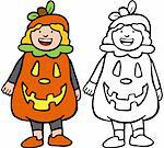 Cartoon image of a person dressed in a pumpkin costume - color and black/white versions.