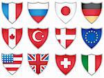 Set of 12 shields representing flags of 12 different countries.