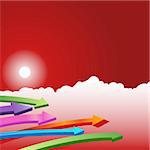 Background day scene with clouds and sun with colorful 3D arrows.