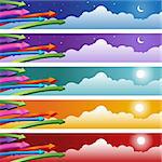 Set of background images with multiple arrows and a cloud background with either sun or moon in backdrop.