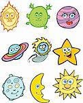 Collection of nine cartoon astronomy icons.