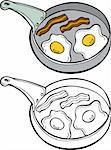 Cartoon image of a variety of bacon and eggs in a frying pan - both color and black / white versions.