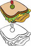 Cartoon image of a variety of a chicken sandwich - both color and black / white versions.