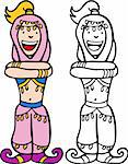 Cartoon image of a girl dressed as a genie - color and black/white versions.