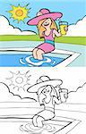 Cartoon image of a girl drinking lemonade at the pool on a sunny day - both color and black / white versions.