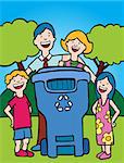 Cartoon image of a family recycling together.