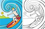 Cartoon image of guy surfing on a big wave - both color and black / white versions.