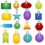 Set of 16 colorful tag icons.