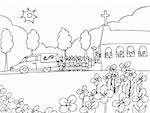 Cartoon of people carrying a casket out of a hearse and into a crowded church - black and white version.