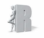 man leans on uppercase letter R - 3d illustration