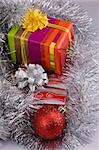 holiday series: Christmas decoration with ball, garland and gift
