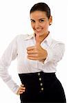 picture of happy successful businesswoman over white making her ok sign