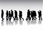 Vector drawing of pedestrians on the street. Silhouettes on white background