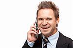 Closeup of businessman making a call and smiles happy into camera. Isolated on white background.