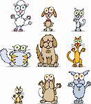 Set of 9 wacky cartoon cats and dogs.