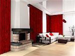 Room with a fireplace and  sofa 3d