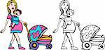 Cartoon image of a mother with her baby and stroller - both color and black / white versions.