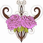 Hand drawn image of a pink rose in a double pattern with decorative background.