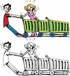 Cartoon image of two customers fighting over a shopping cart - both color and black / white versions.