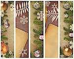 christmas banners - Christmas tree with fur-tree toys, on old lpaper. Retro.