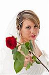 beautiful young bride in a wedding dress with a veil holding a rose