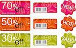 set of price labels in colors red, orange and green