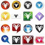 A set of 16 icon buttons in different shapes and colors - Aries zodiac symbol.