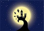 Old castle on the moon background with bats flying around. Vector illustration