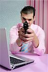 Businessman point his handgun to camera, wallpaper background