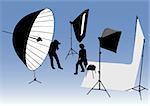 Vector drawing studio, and photographic equipment. Photographer and model